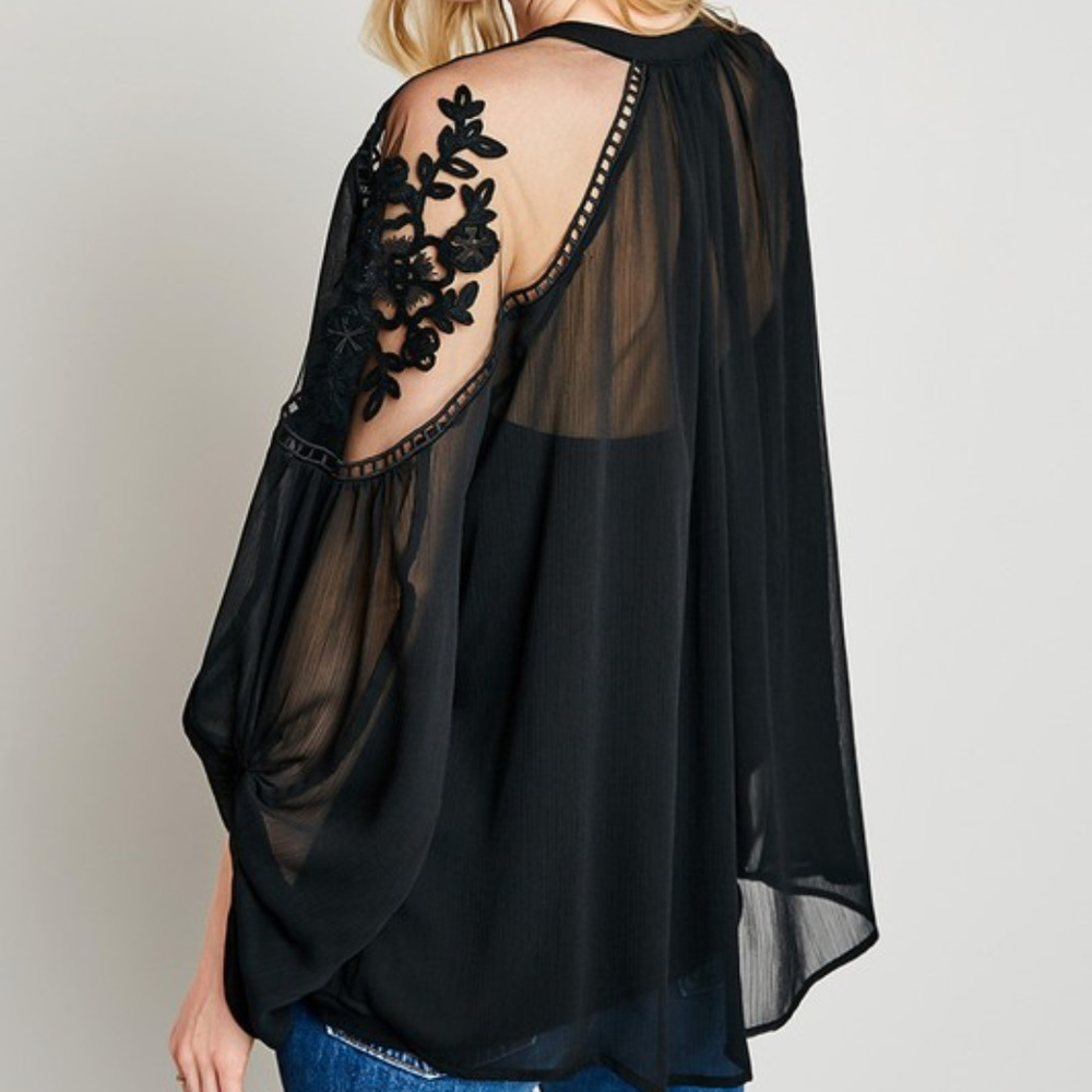 *ONLY 1 LEFT*  Sheer Tie-Front Peasant Top - Picture 4 of 5
